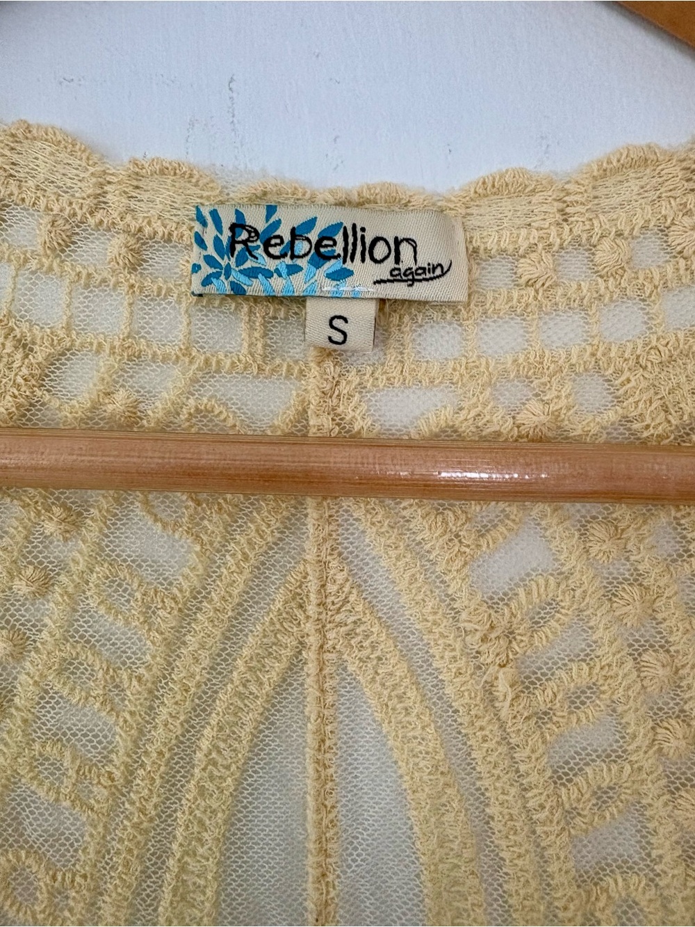 REBELLION AGAIN Sm Sheer Embroidery Yellow Kimono Mesh 43” L Boho Festival Beach - Picture 2 of 11